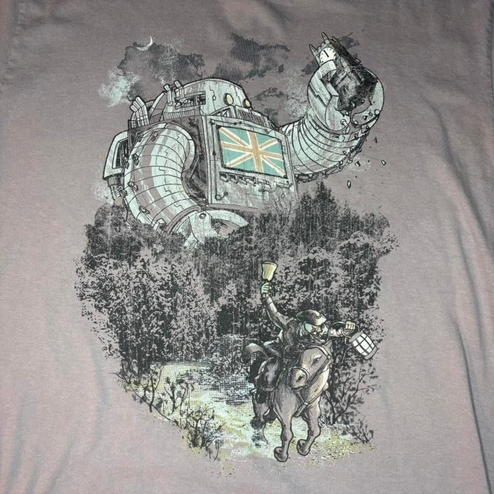 60. Grey Giant Robot w/ British flag & Paul Revere style riding a horse tee